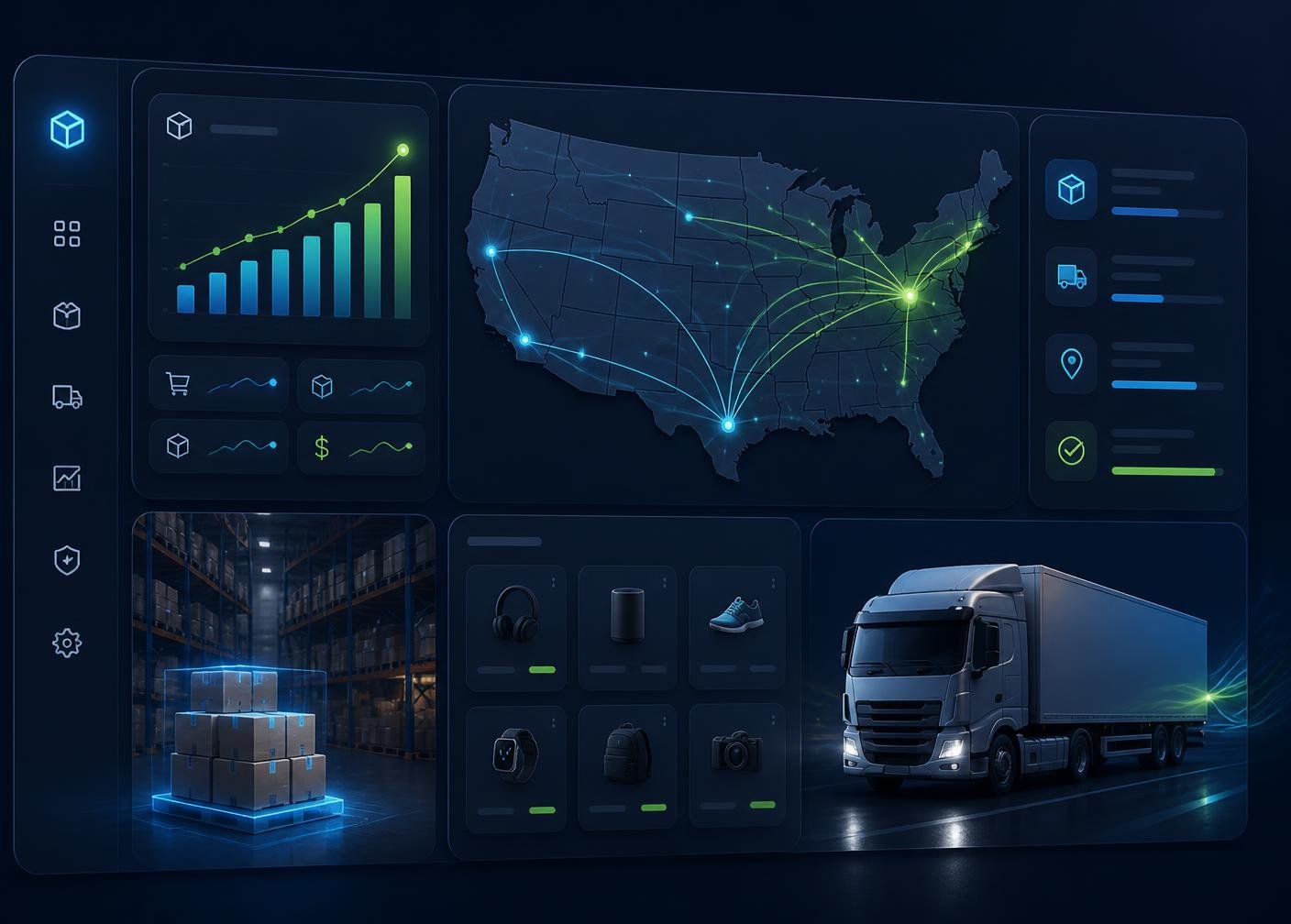 SprintFulfill warehouse dashboard showing US shipping routes, live order analytics, and same-day fulfillment
